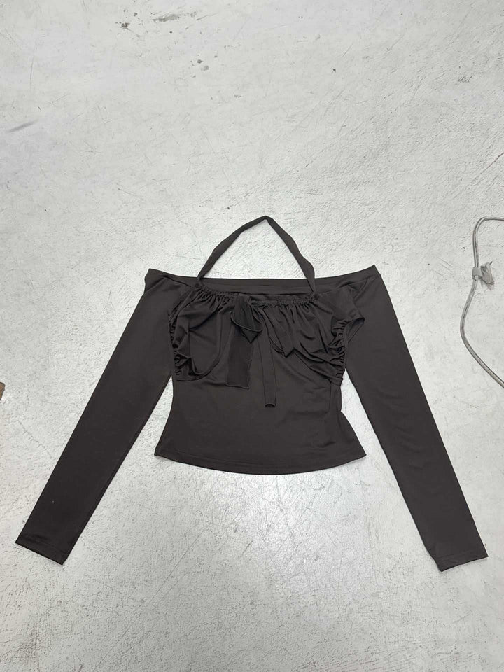 Damen Kurzgeschnittenes Schulterfreies Longsleeve mit Neckholder, Brustraffung und BindDruneand Drune