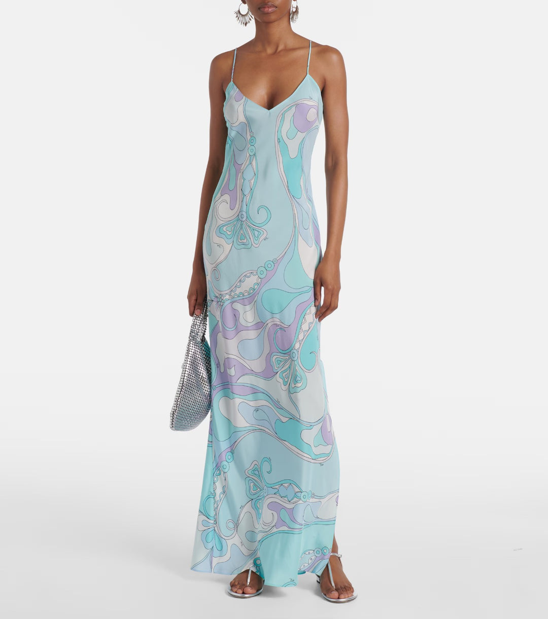 Damen nan elegantes Slip-Maxikleid mit V-Ausschnitt, filigranen Spaghettiträgern und retro-grafischem Allover-Print Drune