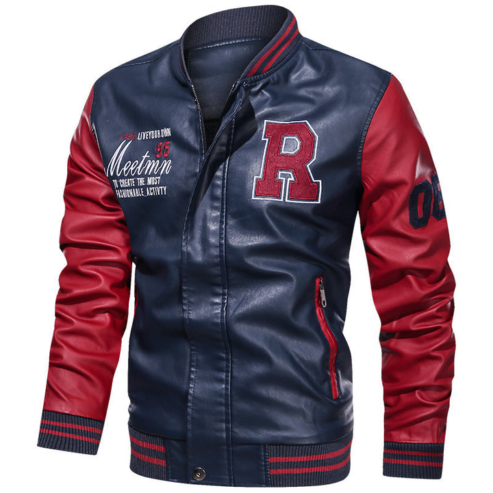 Herren Kunstleder-College-Bomberjacke mit kontrastierenden Ärmeln, Buchstabenpatch und Reißverschlusstaschen Drune