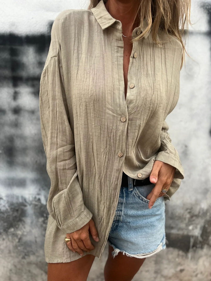 Damen nan lässige Oversize-Tunikahemd mit Leinenstruktur, Holzknopfleiste und verlängertem Saum Drune
