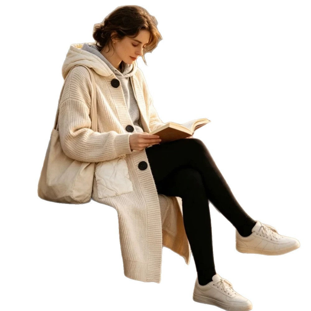 Damen Langer Grobstrick‑Mantel mit Kapuze, Rippbündchen & aufgesetzten Taschen Drune
