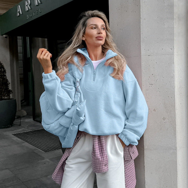 Damen Oversized Fleecepullover mit halbem Reißverschluss und Stehkragen Drune