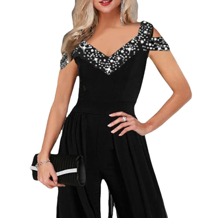 Damen eleganter Empire-Waist-Jumpsuit mit transparenter Überlagerung Drune