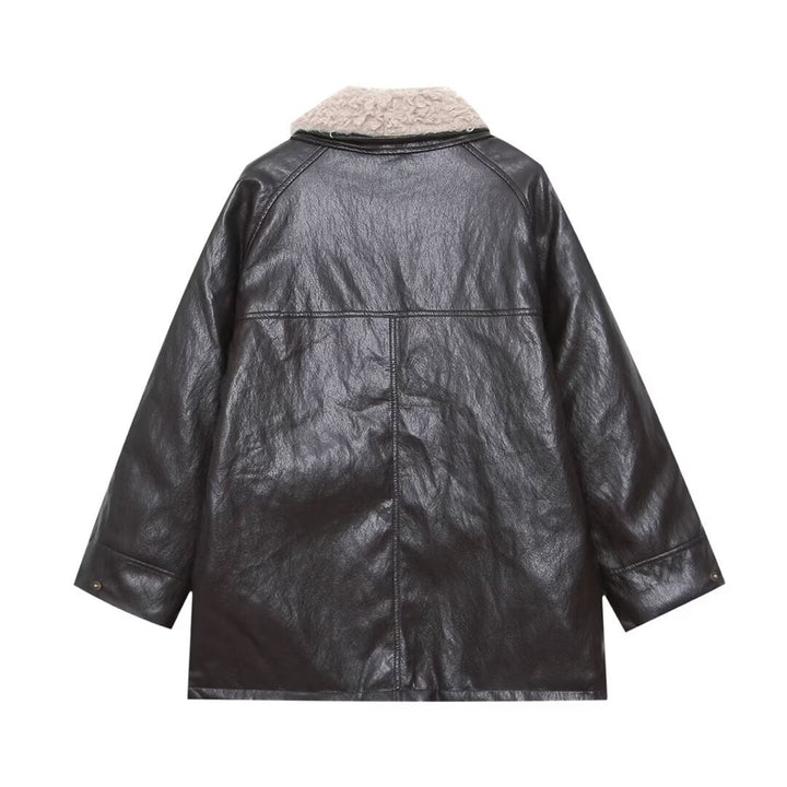 Damen Oversized Kunstleder-Fieldjacke mit abnehmbarem Teddykragen und aufgesetzten Pattentaschen Drune