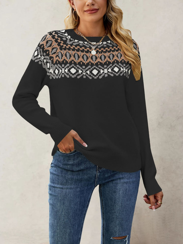 Damen Nordic-Muster Pullover mit Rundhalsausschnitt und lässigem Schnitt Drune