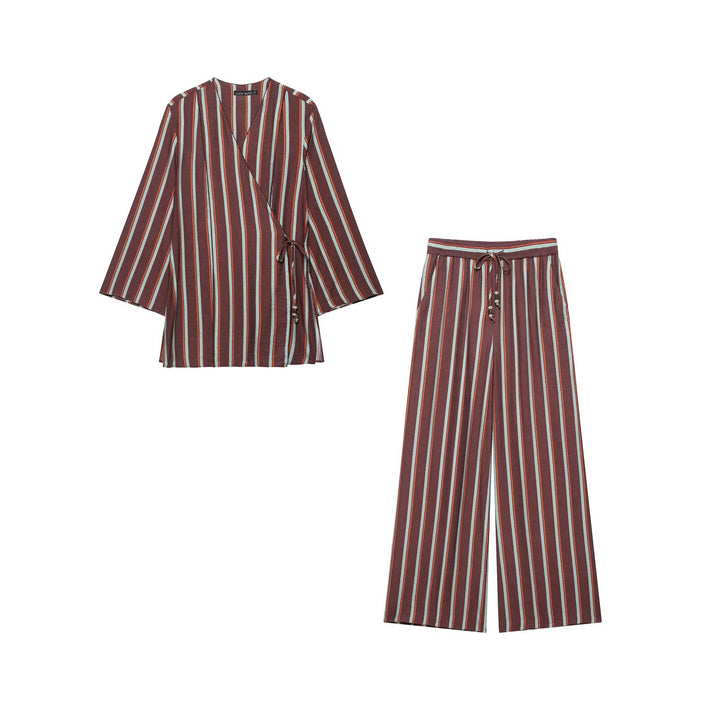 Damen Gestreiftes Wickel-Kimono-Set mit weiter Palazzo-Hose Drune