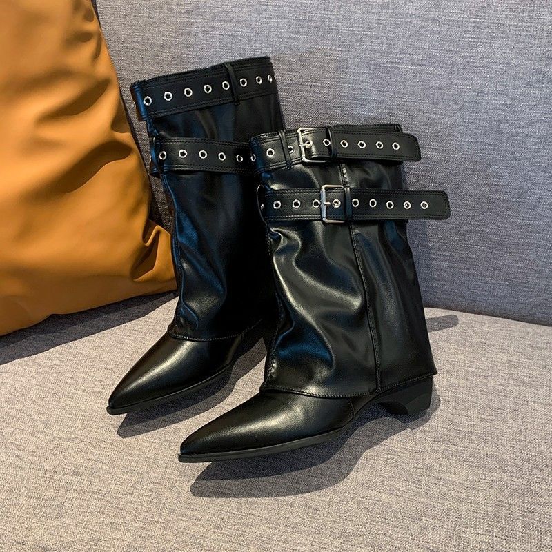 Damen Wadenhohe Wildleder-Slouch-Stiefel mit spitzer Zehenpartie und Zierschnallen Drune