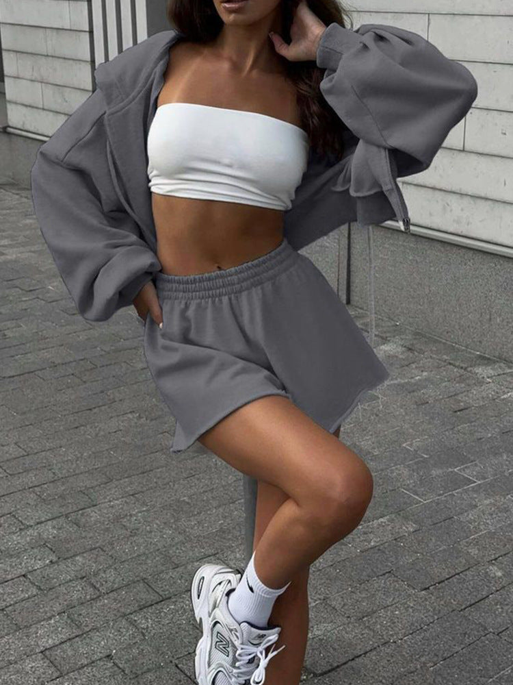 Damen oversized Cropped-Zip-Hoodie mit voluminösen Ballonärmeln und elastischer High‑Waist Loungeboxer-Shorts Drune