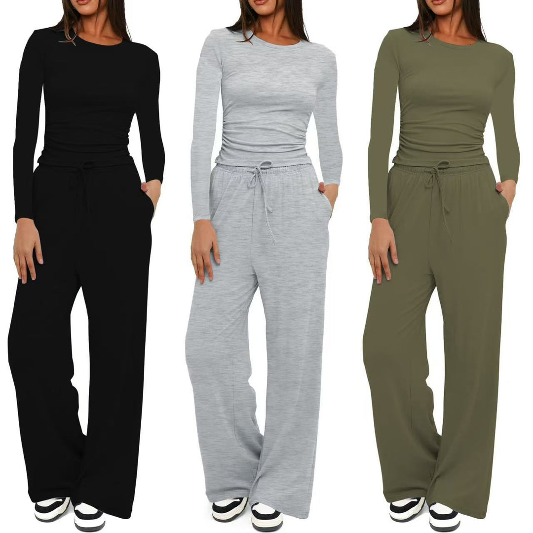 Damen Figurbetontes Longsleeve mit seitlicher Raffung und High-Waist Palazzo-Jogginghose Set Drune
