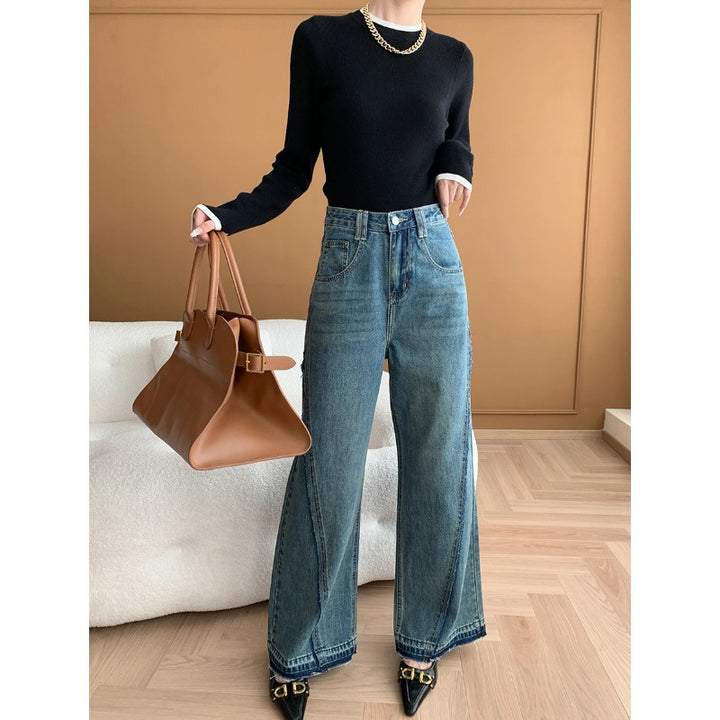 Damen elegante weit geschnittene Jeanshose mit hohem Bund Drune