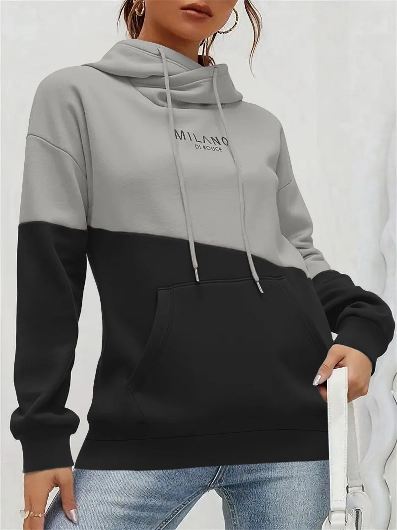 Damen Colorblock Kapuzenpullover mit Schlauchkragen, Kängurutasche und Drop-Shoulder Drune