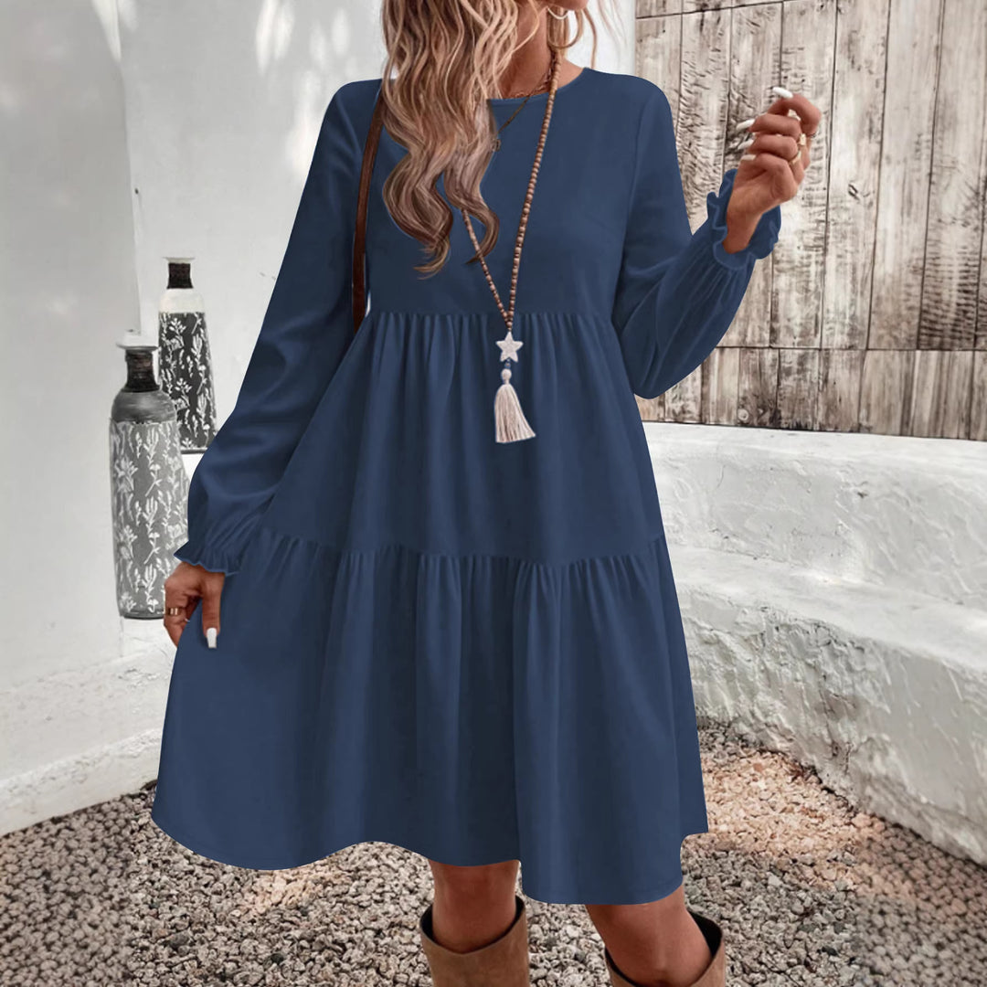 Damen Stufiges Babydoll‑Kleid mit langen Ballonärmeln und Rüschenbündchen Drune