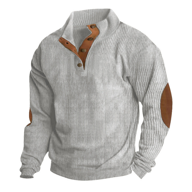 Herren nan grober Rippstrick-Pullover mit Stehkragen, Knopfleiste und markanten Ellenbogenpatches Drune