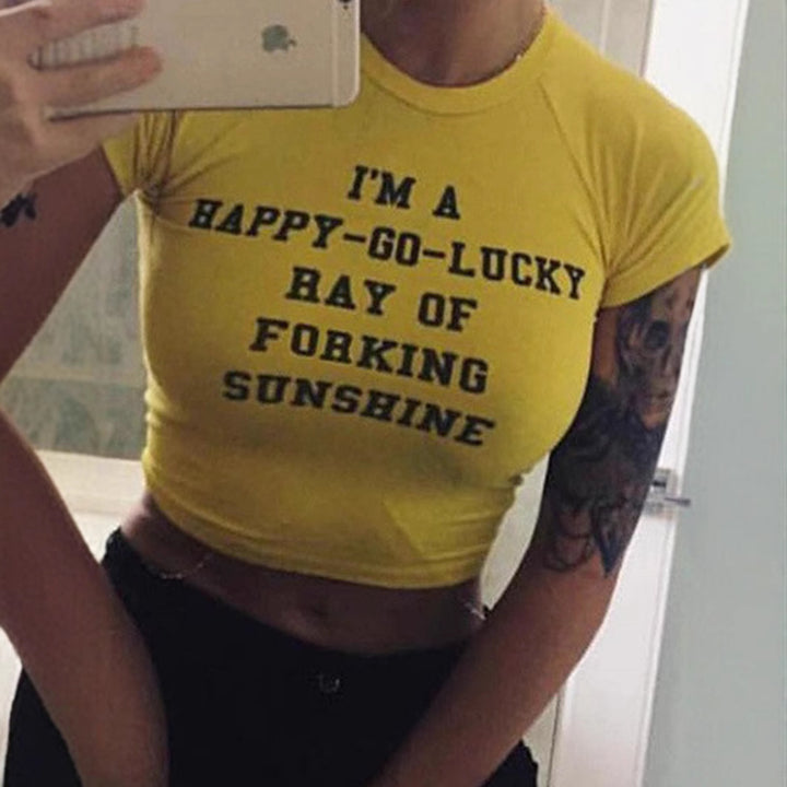 Damen Crop-Top mit kreativem Spruch und körperbetontem Schnitt Drune