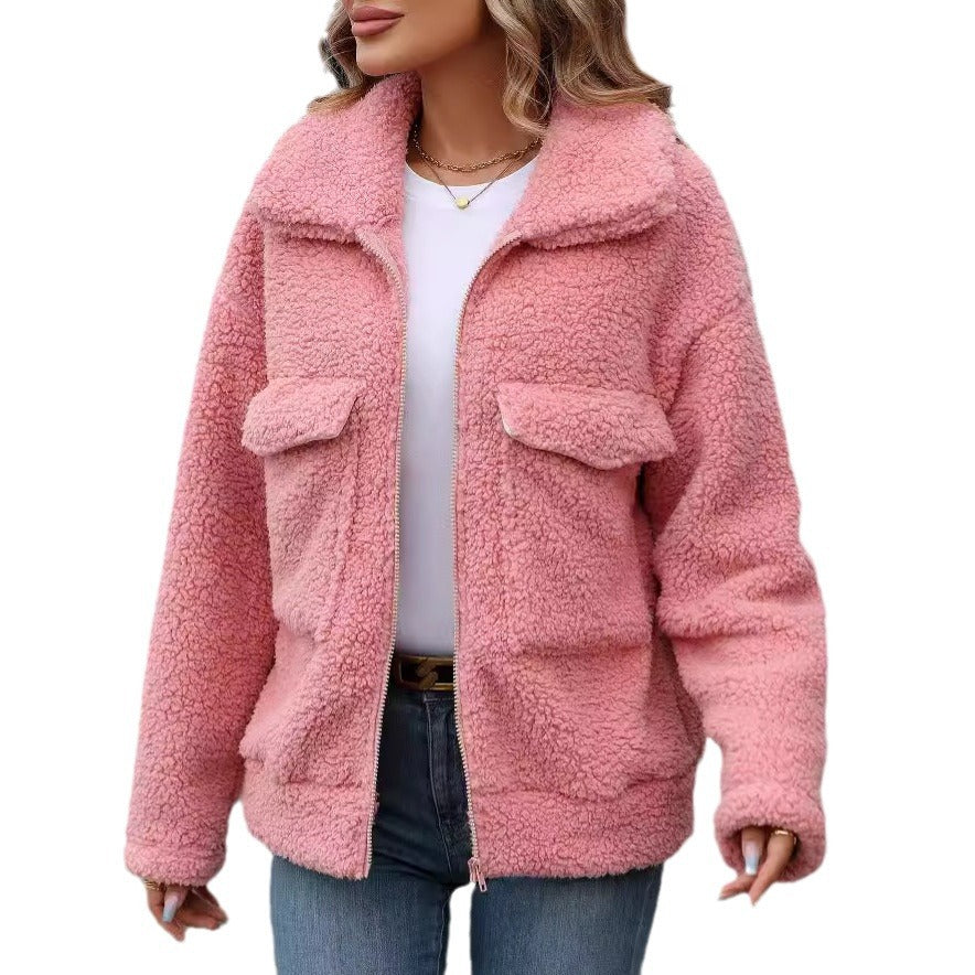 Damen Kuscheljacke mit großen Vordertaschen und Reißverschluss Drune