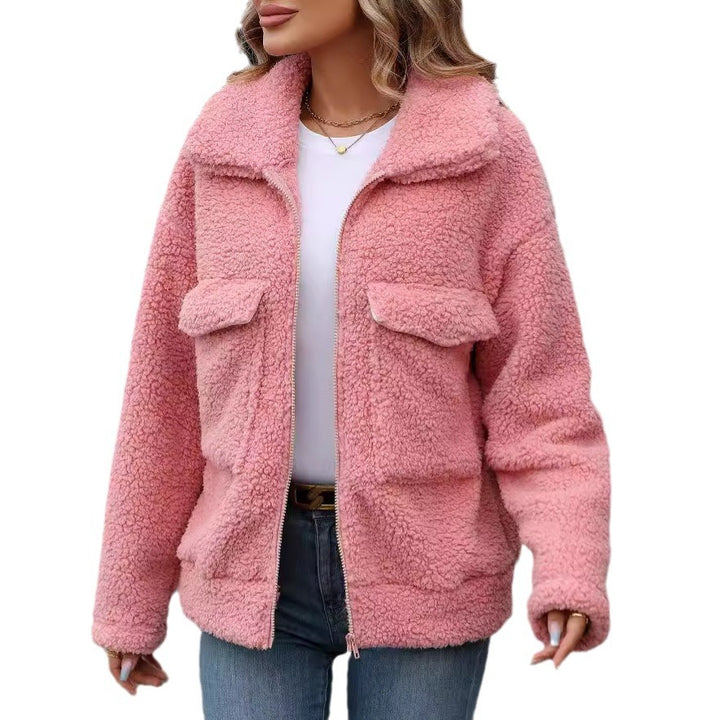 Damen Kuscheljacke mit großen Vordertaschen und Reißverschluss Drune