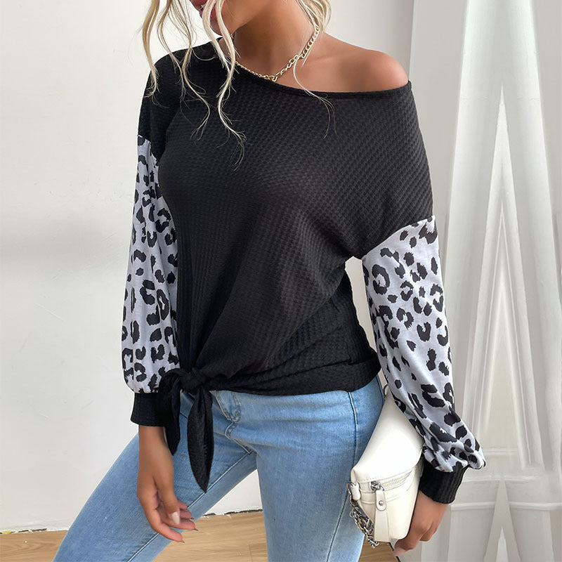 Damen Lässiges Shirt mit Waffelstruktur, Leoparden-Ärmeln und Knotenfront Drune