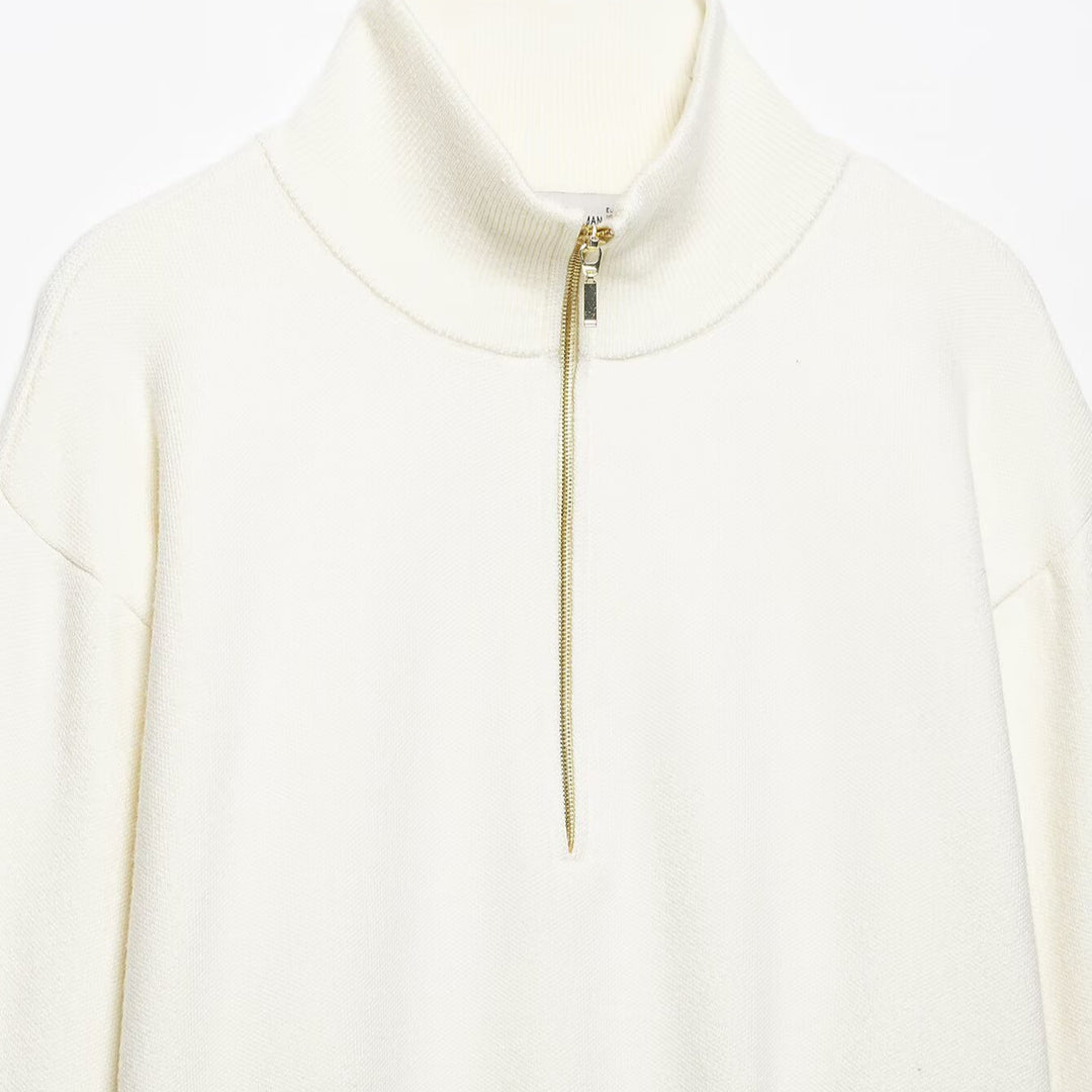 Damen Grobstrick-Pullover mit halbem Reißverschluss, Stehkragen und überschnittenen Ärmeln Drune