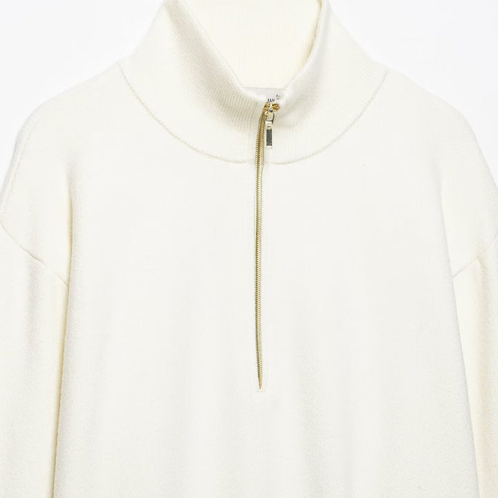 Damen Grobstrick-Pullover mit halbem Reißverschluss, Stehkragen und überschnittenen Ärmeln Drune