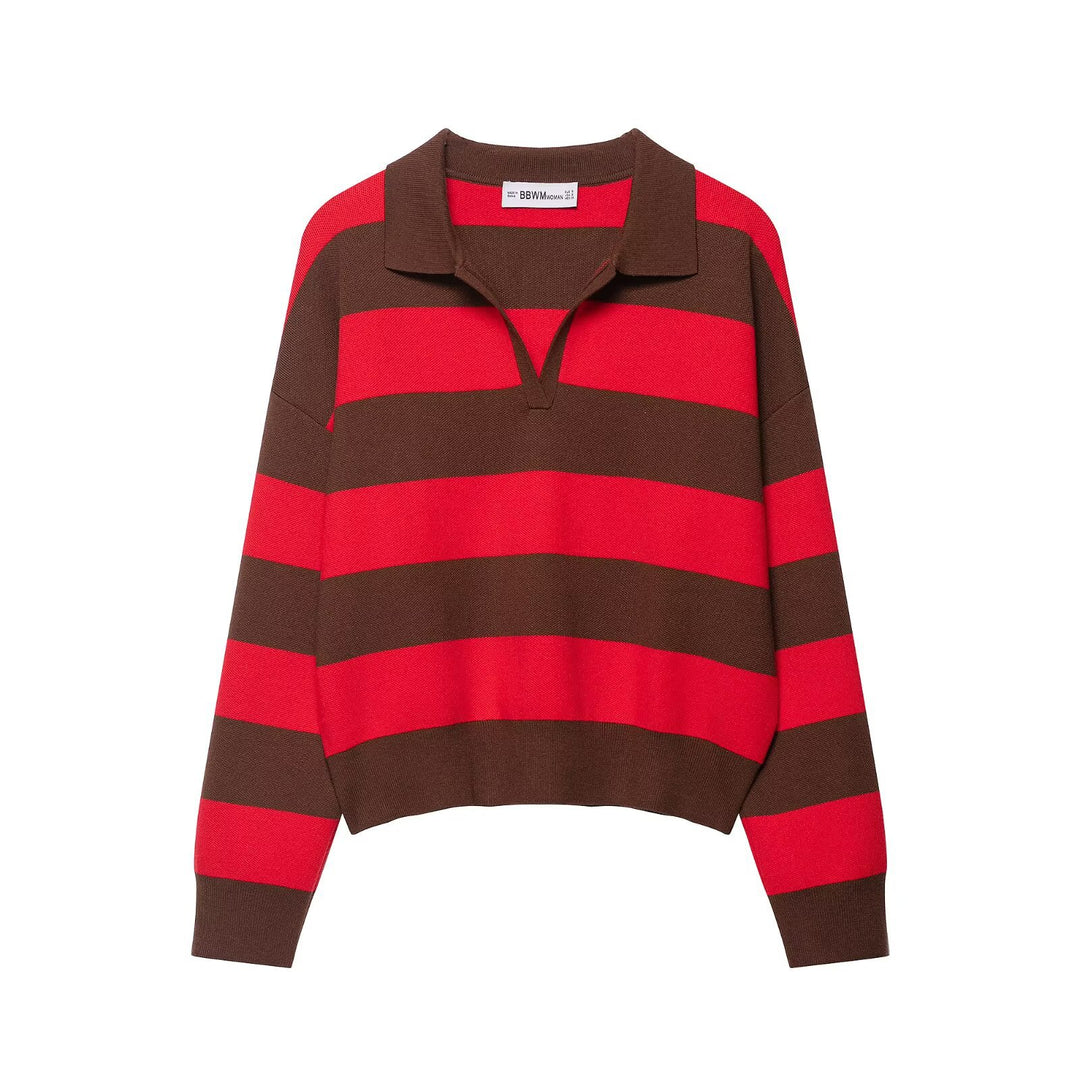 Damen Oversize Streifen-Rugby-Pullover mit offenem Polokragen und V-Ausschnitt Drune