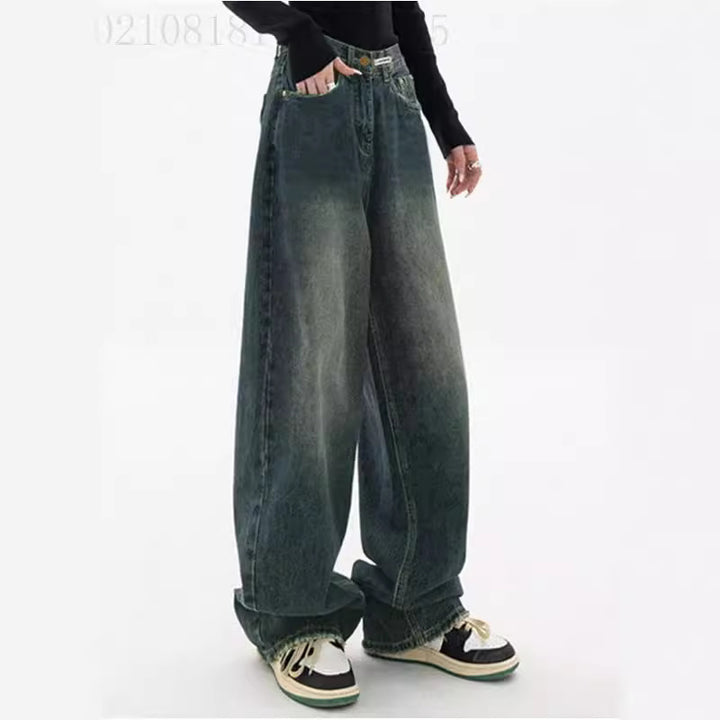 Damen nan hochgeschnittene extraweite Baggy-Jeans mit überlangem Saum und Vintageoptik Drune