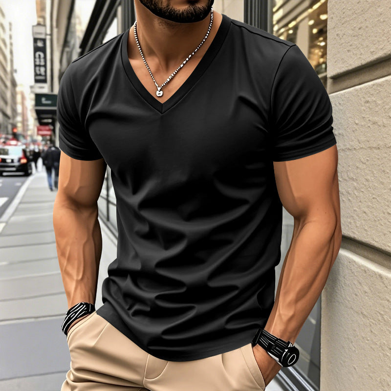 Herren nan klassisches V-Ausschnitt T-Shirt aus feinem Baumwolljersey mit verstärktem Nackenband und Doppelnaht Drune