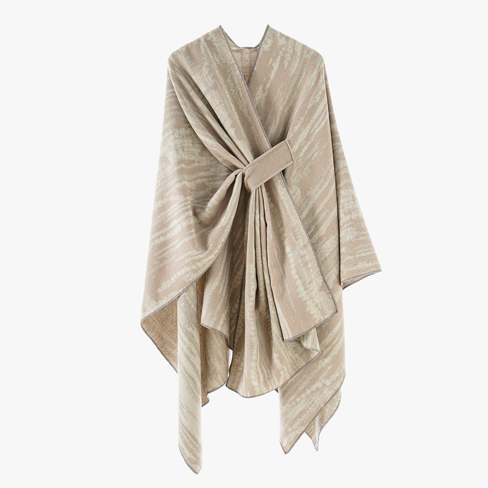 Damen Jacquard-Cape-Überwurf mit strukturierter Wellenoptik, Bindegürtel und asymmetrischem Zipfelsaum Drune