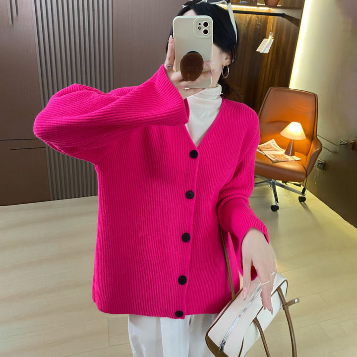 Damen lässiger Strickcardigan mit tiefem V-Ausschnitt und Knopfverschluss Drune