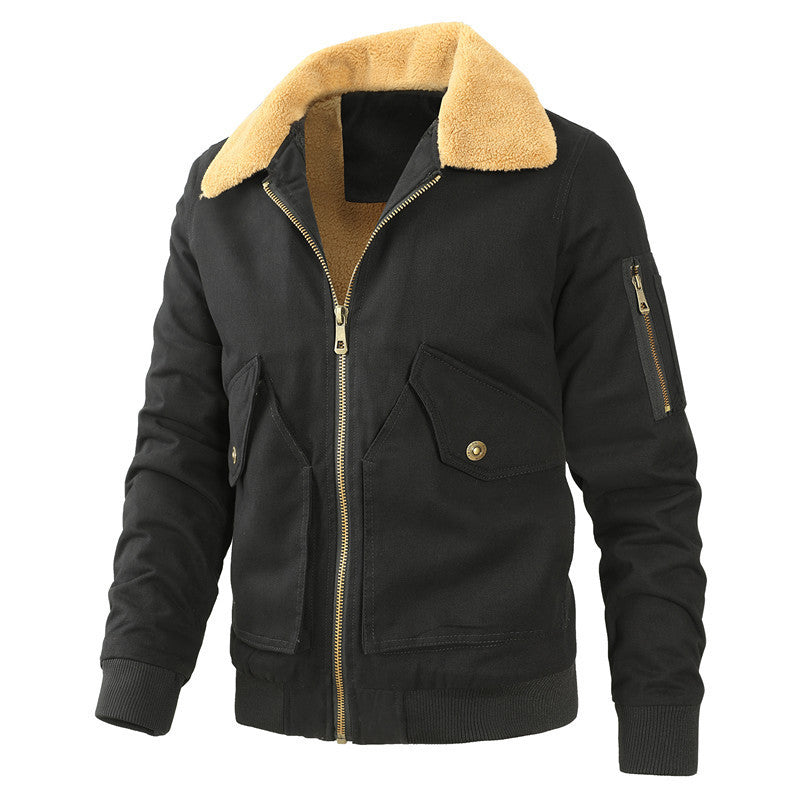 Herren Canvas-Bomberjacke im Arbeitsjacken-Stil mit wärmendem Lammfleecekragen und Mehrfachtaschen Drune
