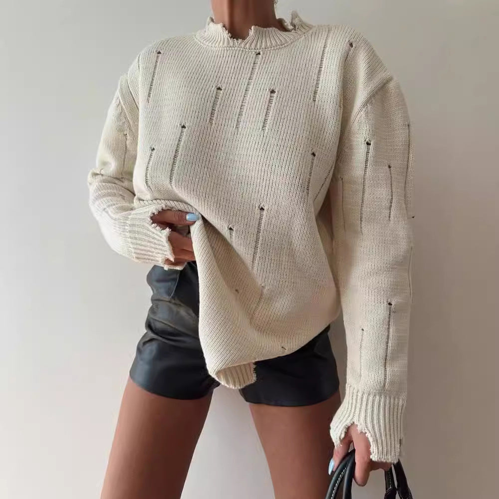 Damen Oversized Grobstrickpullover mit Distressed-Details und geripptem Saum Drune