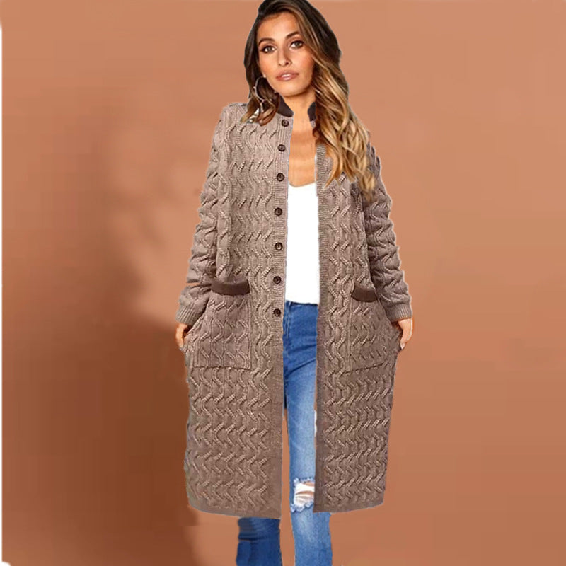 Damen Langer Strickcardigan mit Zopfmuster und praktischen Taschen Drune