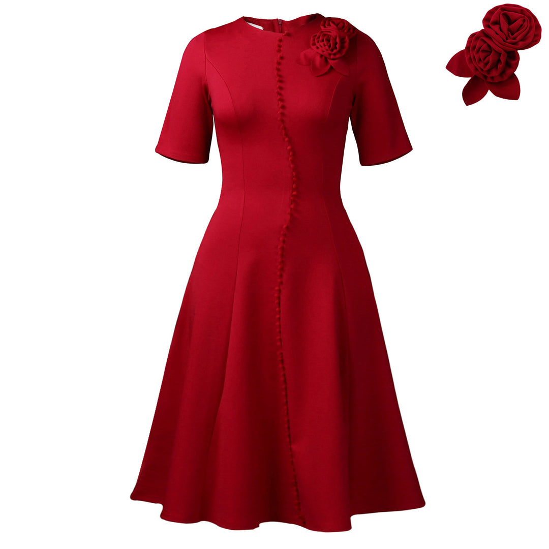 Damen A-Linien Kleid mit eleganten Knopfdetails und floralem Accessoire Drune