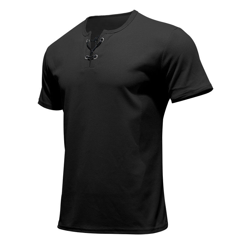 Herren nan Kurzarmshirt mit Schnürkragen, Metallösen und feinem Strukturjersey Drune