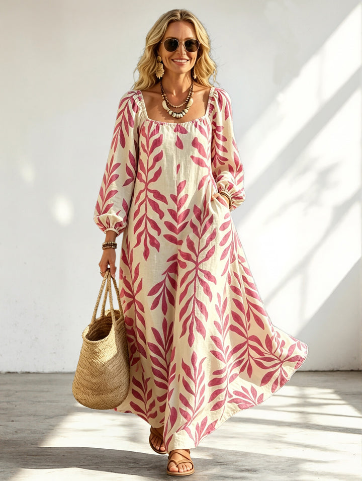 Damen Maxikleid mit quadratischem Ausschnitt, Ballonärmeln und botanischem Print Drune