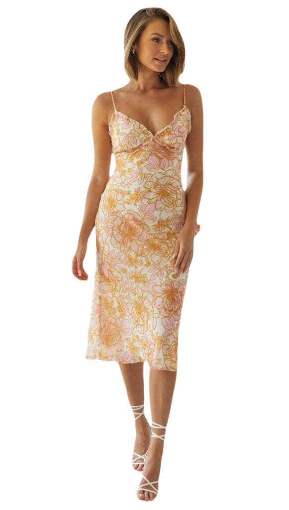 Damen florales Chiffon-Kleid mit charmanten Spaghetti-Trägern und elastischem Oberteil Drune