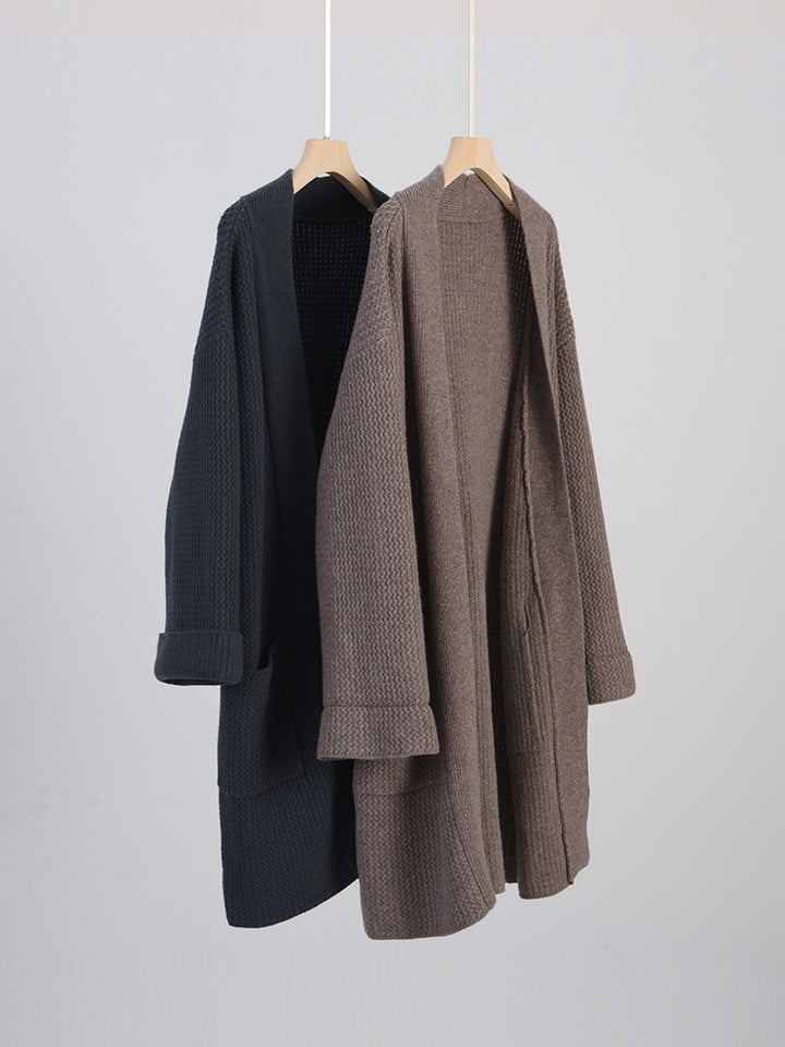 Damen Langer Oversize-Strickcardigan mit Strukturmuster und aufgesetzten Taschen Drune