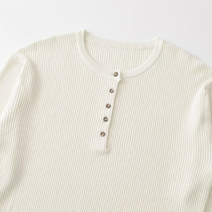Damen Waffelstrick-Pullover mit halber Knopfleiste, Rundhals und entspanntem Oversize-Schnitt Drune