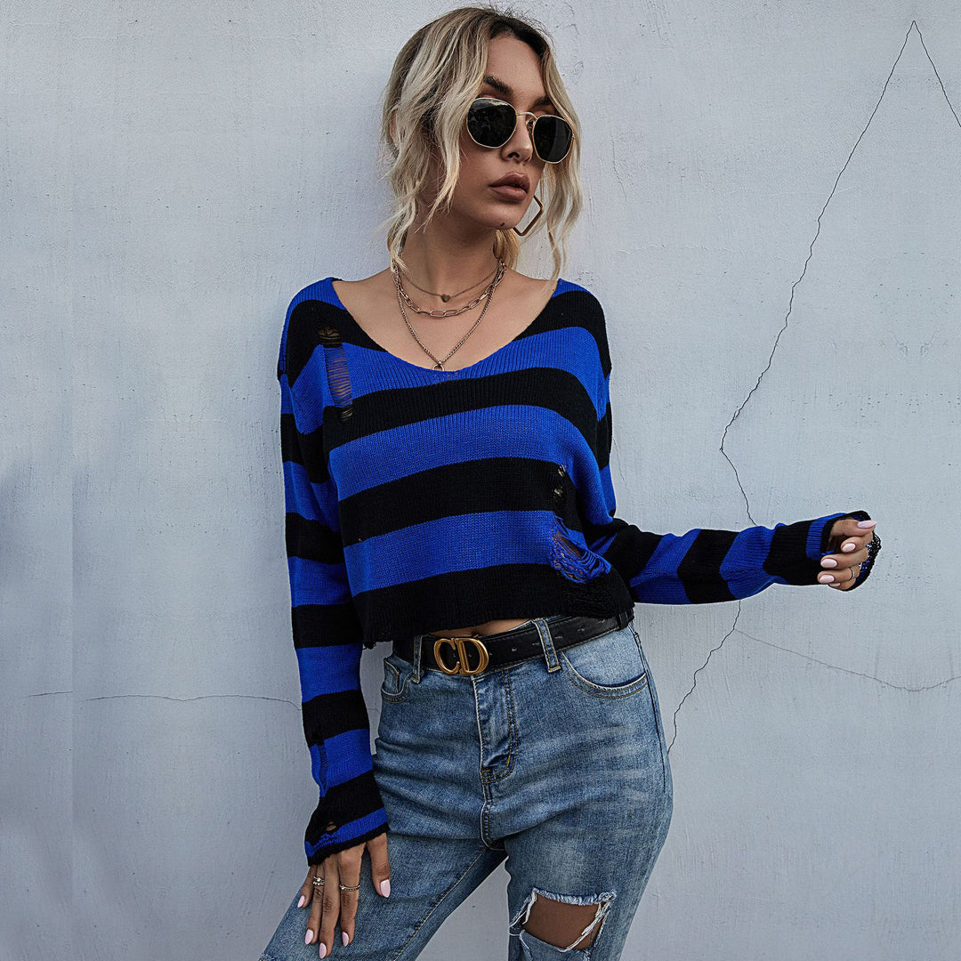 Damen Lässiger Crop-Pullover mit Streifen und Destroyed-Details Drune