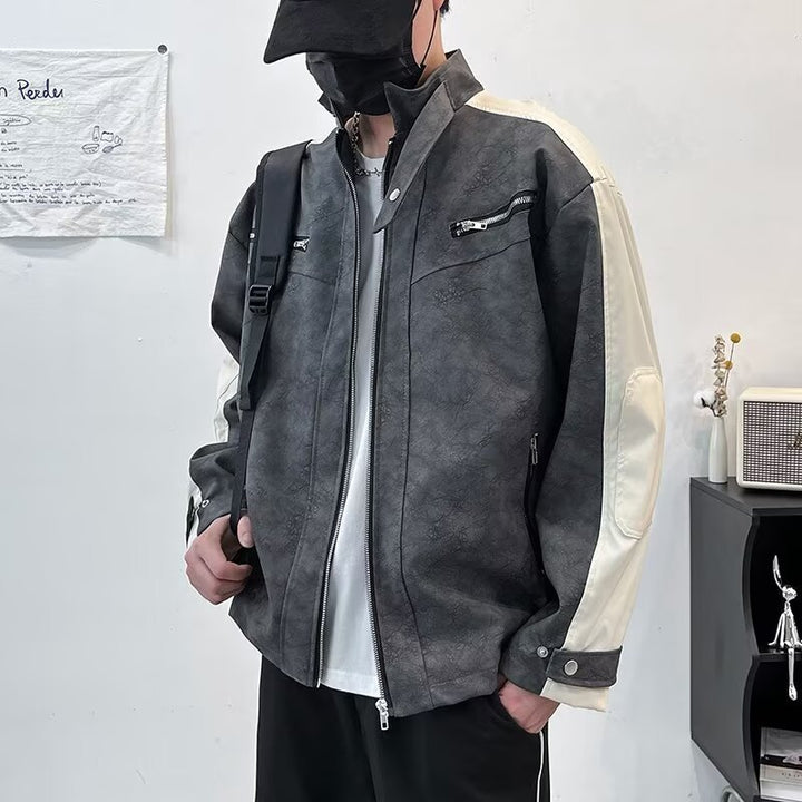 Herren Kontrastärmeliges Oversized Kunstleder-Utility-Jacke mit Stehkragen Drune