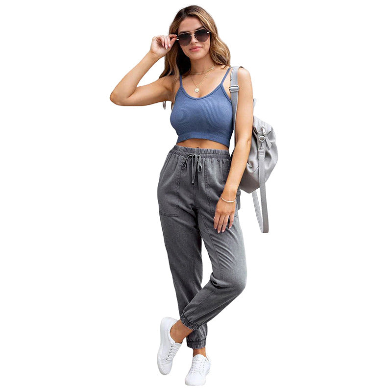 Damen Denim-Joggerhose mit Cargo-Taschen und elastischem Tunnelzugbund Drune