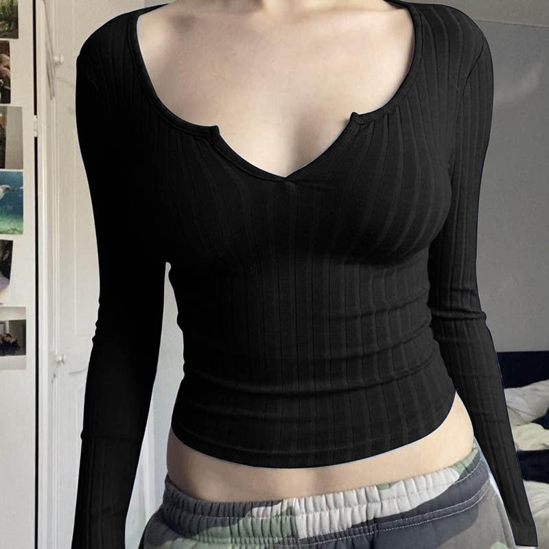 Damen figurbetontes Langarmshirt mit V-Ausschnitt und Rippstruktur Drune