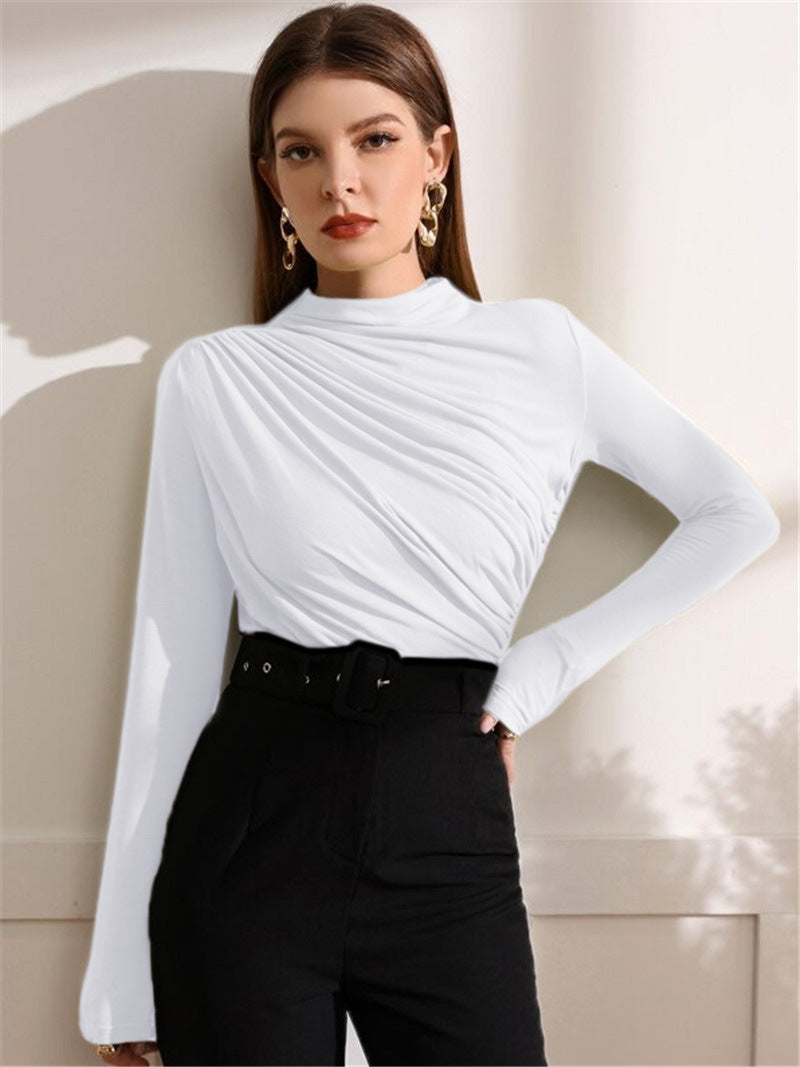 Damen Figurbetontes Langarmshirt mit seitlichem Drapieren und Stehkragen Drune