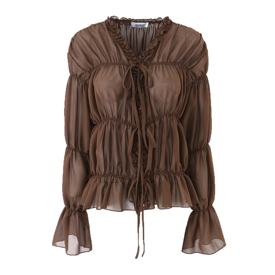 Damen Chiffon-Bluse mit Rüschen, Kordelzug und geraffter Taillenoptik Drune