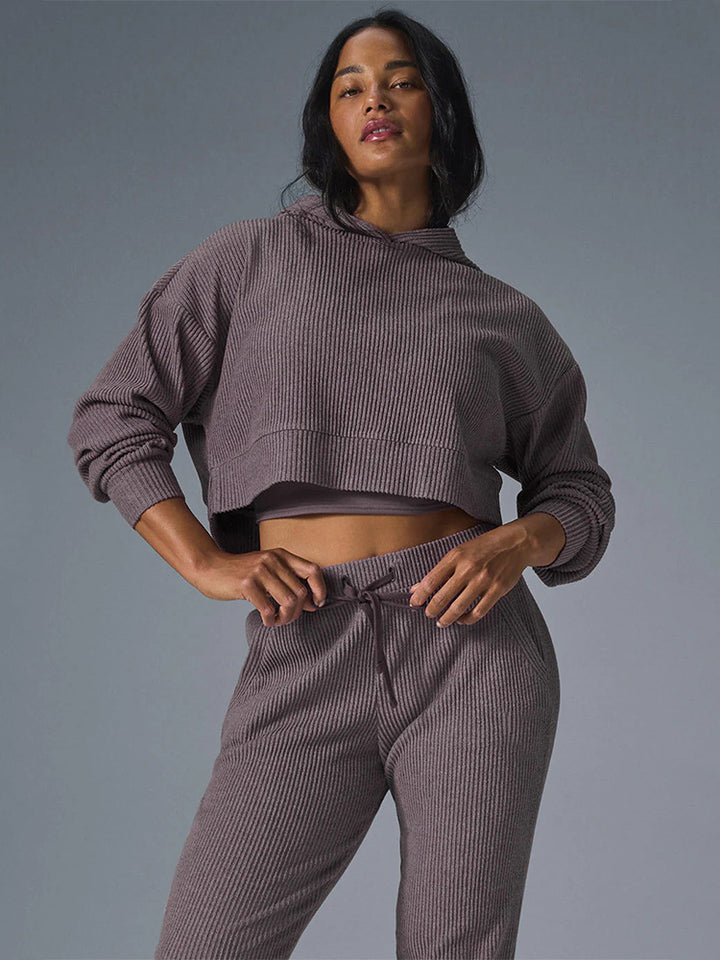 Damen Gerippte High‑Waist Loungehose mit Kordelzug und Bündchen Drune