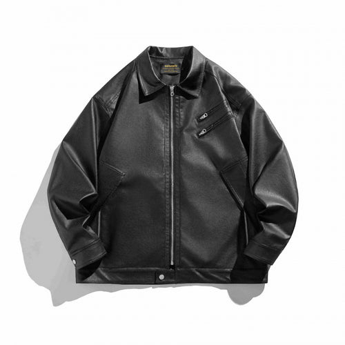 Unisex Boxy Kunstleder-Blousonjacke mit Hemdkragen, diagonalem Brustreißverschluss und Druckknopf-Saum Drune