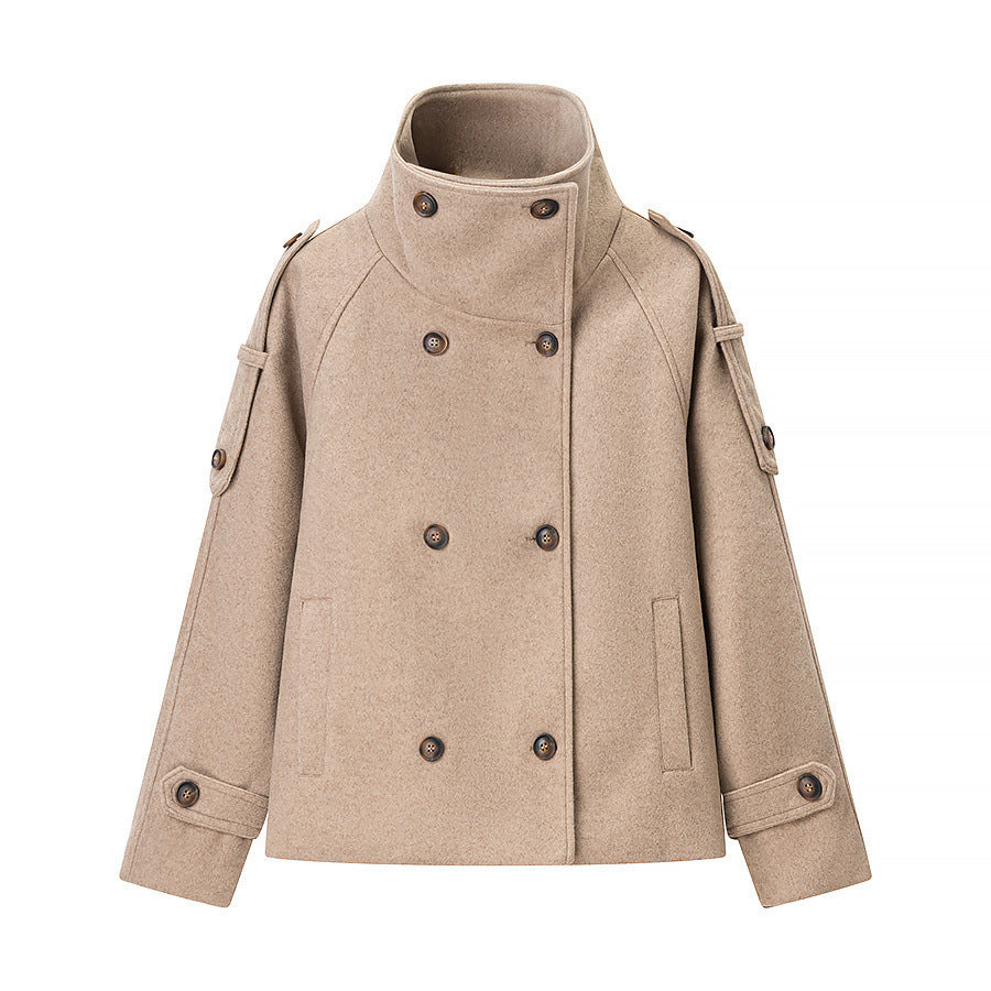 Damen Elegante Wolljacke mit hohem Kragen und dekorativen Knöpfen Drune