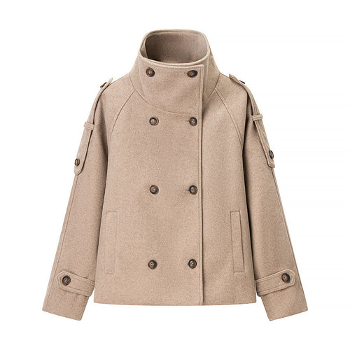 Damen Elegante Wolljacke mit hohem Kragen und dekorativen Knöpfen Drune