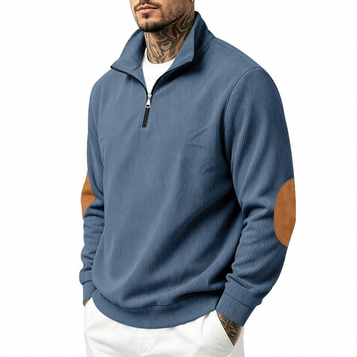 Herren Leichter Struktur-Halbzip-Pullover mit Cord‑Ellbogenpatches und Stehkragen Drune