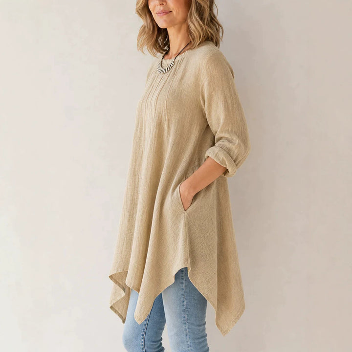 Damen Lässige Tunika-Bluse mit asymmetrischem Saum, feiner Waffelstruktur und Kellerfalten Drune