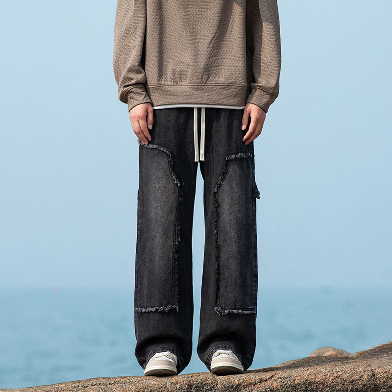 Herren Weite Denim-Cargohose mit Fransen-Patchtaschen und Tunnelzugbund Drune